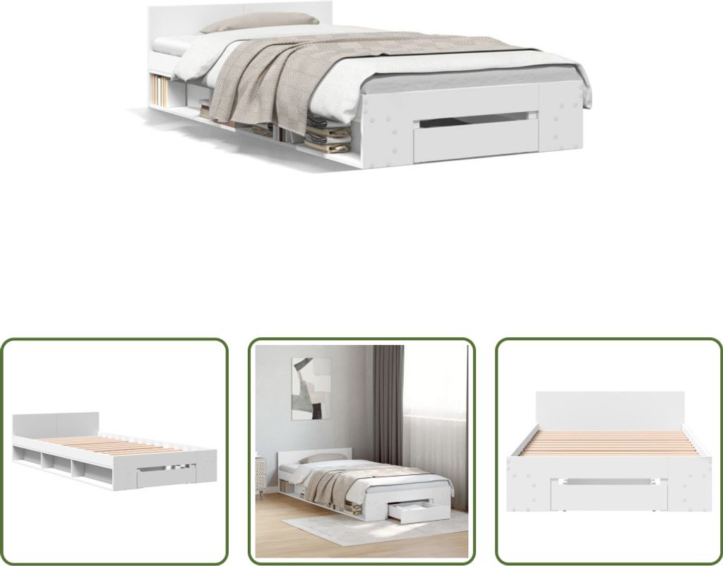 The Living Store Bettgestell mit Schublade Weiß 100x200 cm Holzwerkstoff