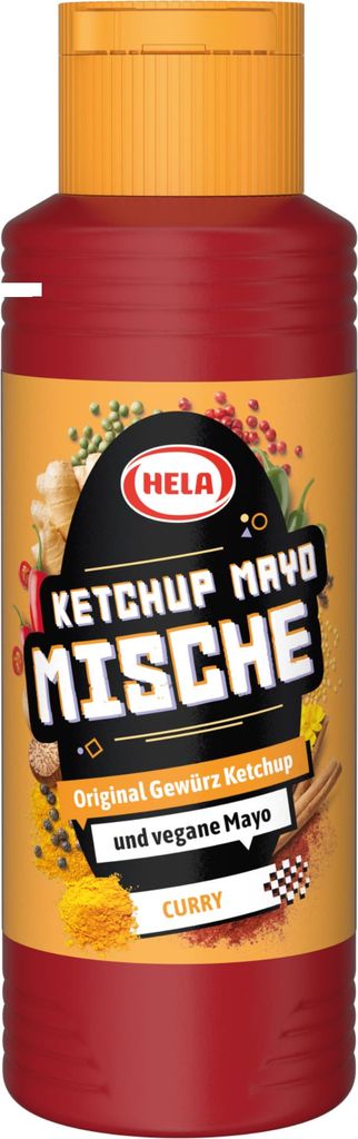 A bottle of Hela Ketchup Mayo Mische Curry sauce.