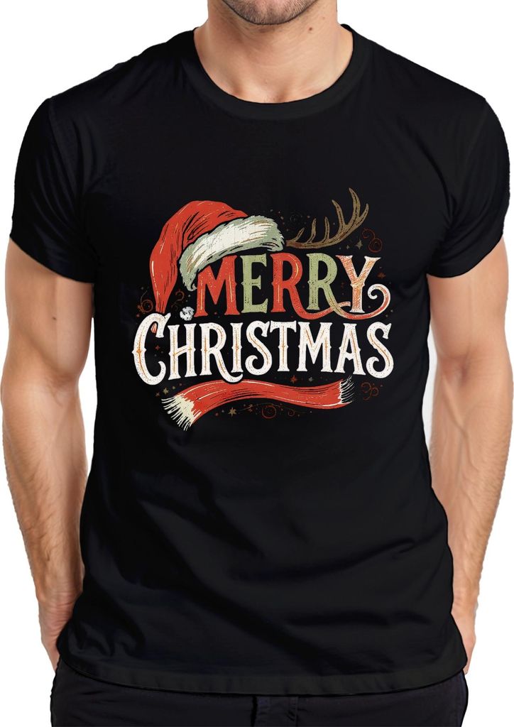 MERRY CHRISTMAS Weihnachtsmütze Rentier Vintage Retro Weihnachten Herren T-Shirt, Schwarz, L