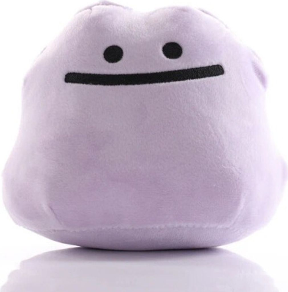 A plush toy of the character Ditto from Pokémon, shown from the front.