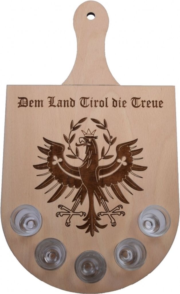 Schnapstablett aus Buchenholz, Tiroler Adler Design, 40x23cm 8mm stark, inkl. Gläser