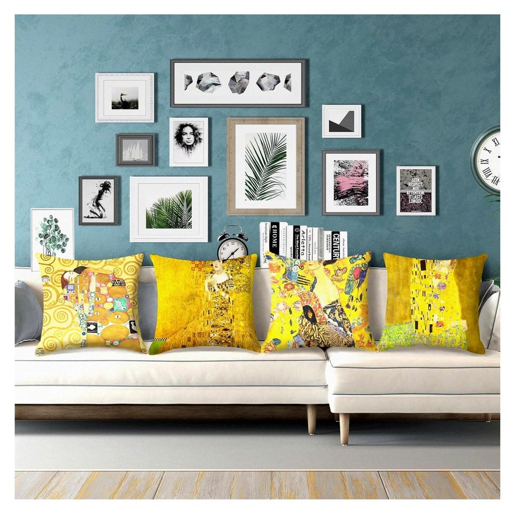 Gelber Kissenbezug 45x45 cm 4er Set mit Gustav Klimt Motiv Der Kuss Quadratische Dekokissenbezüge für Sofa, Couch und Bett