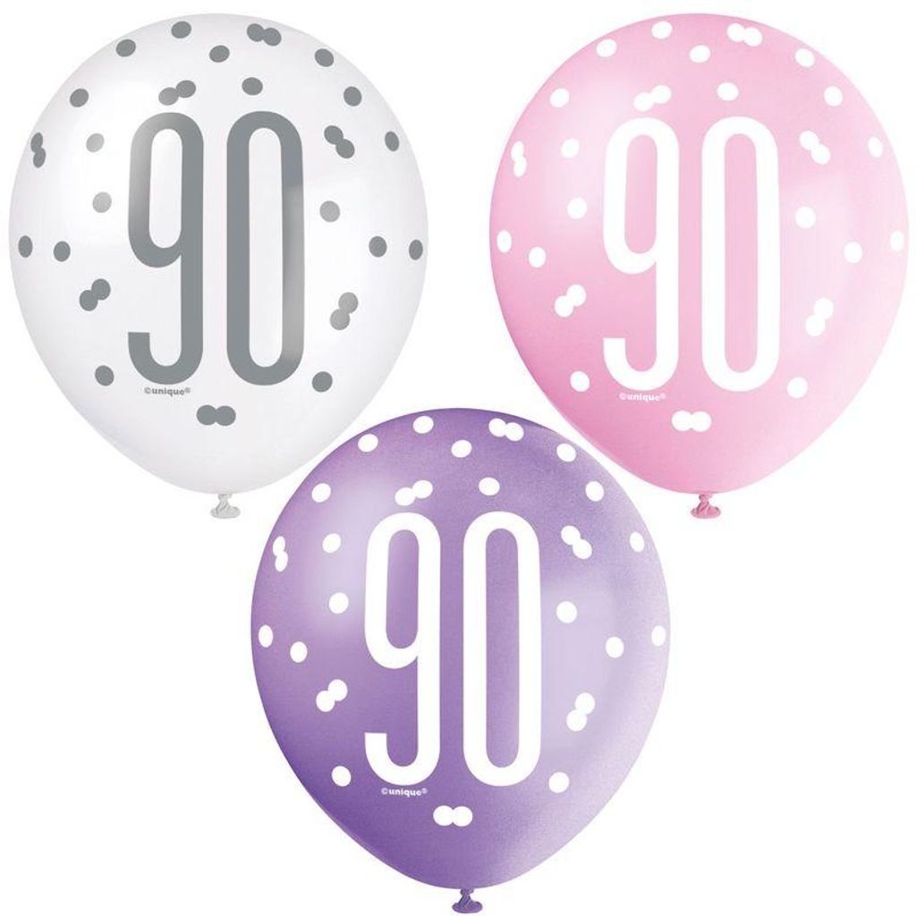 6 Luftballons rosa & silber Zahl 90 Produktbild 
