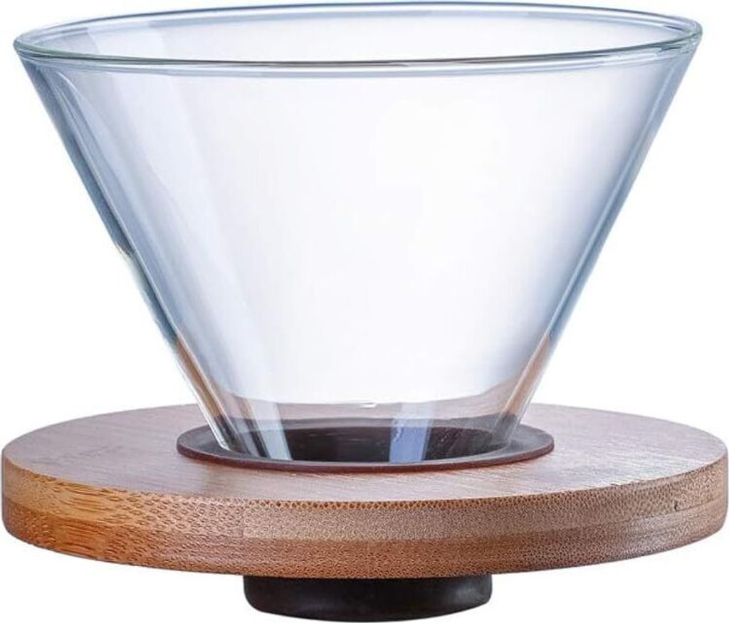 Transparent Glass Coffee Dripper Kaffeefilterhalter Kaffeefilterkegel mit Holzkissen Kaffeetrichter