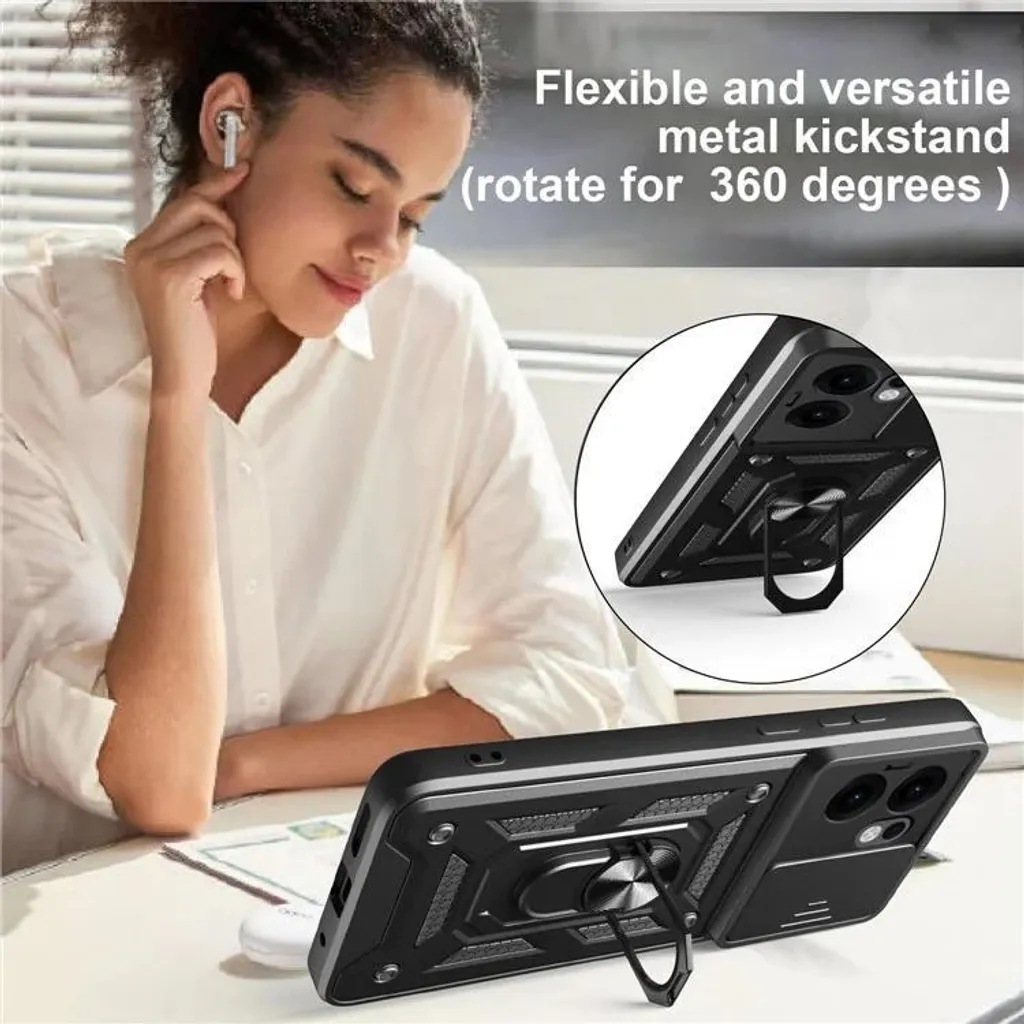 Cover Per OPPO Reno 13F (4G/5G) E Reno 13 FS 5G – Custodia Militare Antiurto, Con Protezione Scorrevole Per Fotocamera E Anello Magnetico 360°, Argento - 2