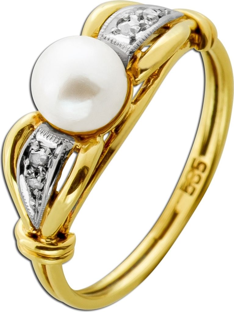 Perlenring Gold 585 14K Akoyaperle Diamanten Antikschmuck 16