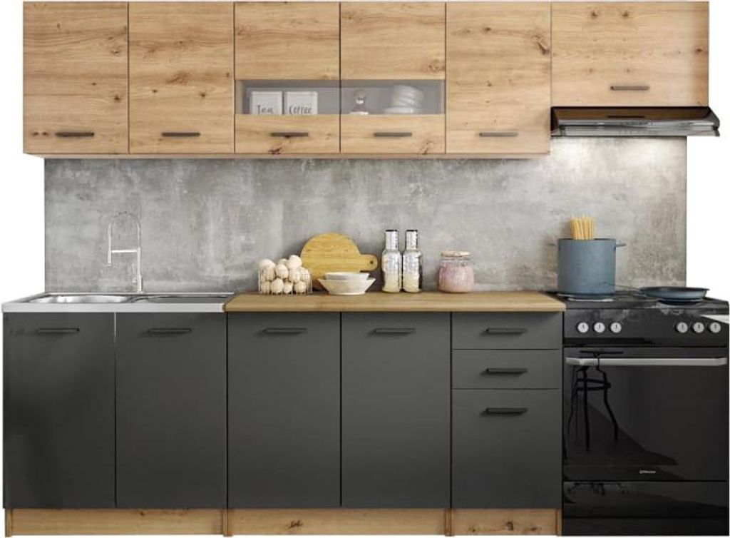 A modern kitchen set with upper cabinets, a backsplash, countertop, and lower cabinets with integrated appliances.
