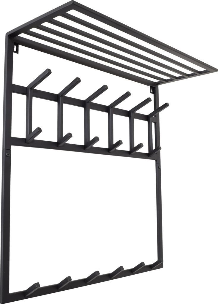 A black metal coat rack with a shelf and multiple hooks.