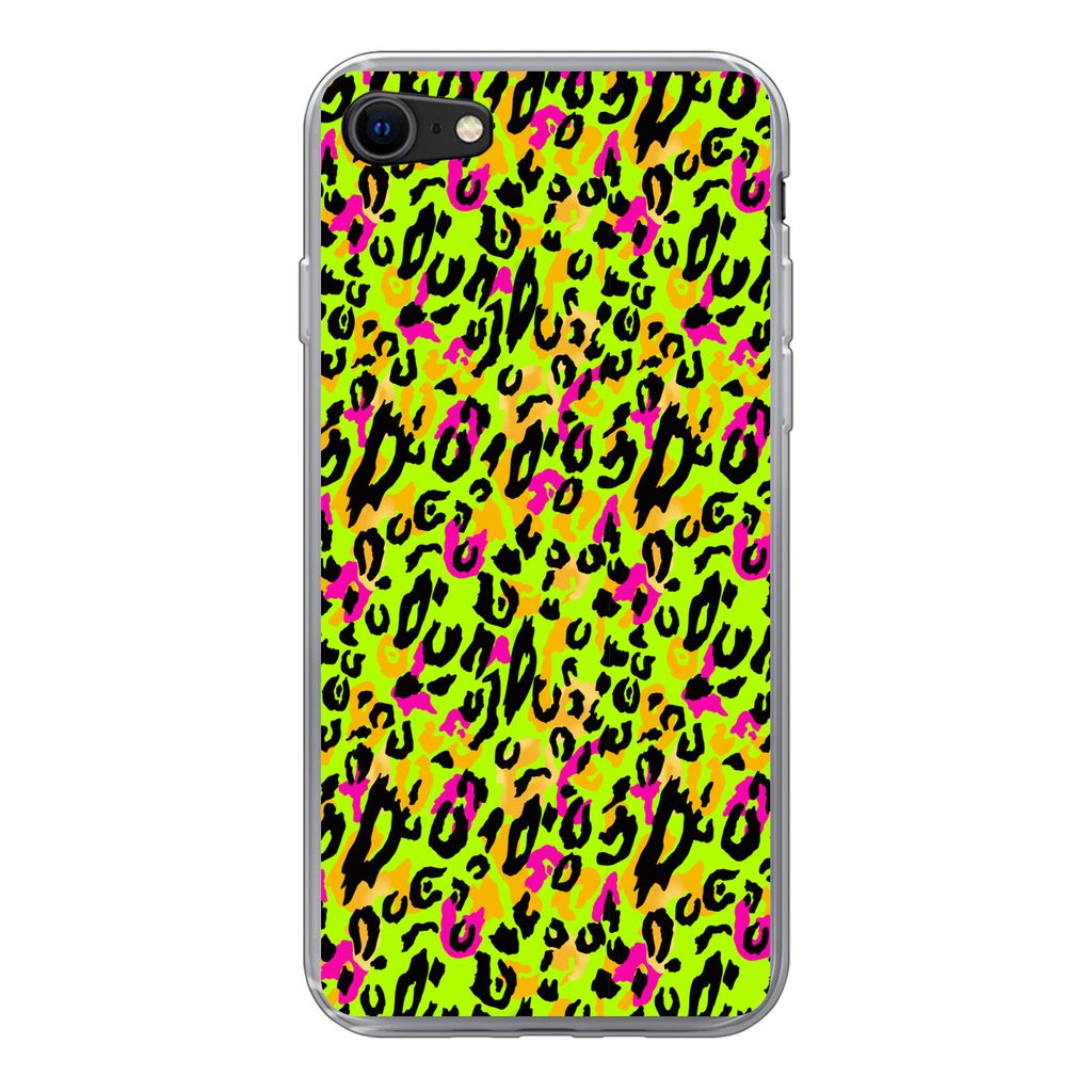MuchoWow Handyhülle Schutzhülle Hülle für iPhone SE 2022 Tierprint - Panther - Neon - Gelb Silikon Softcase Handy Hülle - Schutzhülle