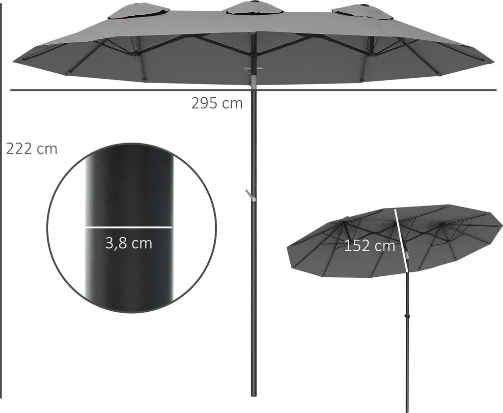 Parasol de Jardin Rectangulaire Double 3m Gris Anthracite Inclinable - 3