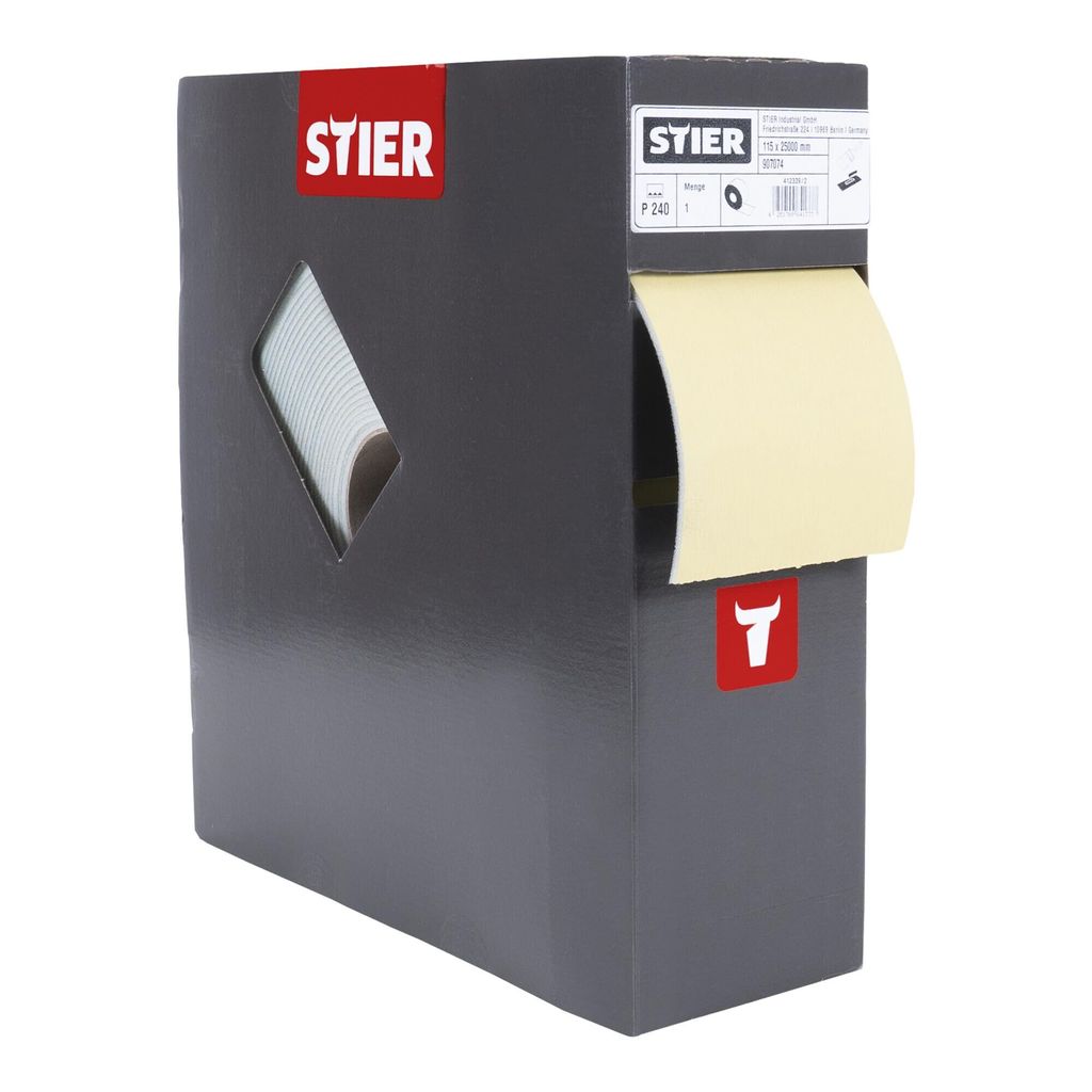 STIER Schleifpapier auf Schaumunterlage P240, 115x92mm Rollenlänge: 25m, für Lack-Reparatur, Profile, Wölbungen, praktische Box mit Abrisshilfe ...