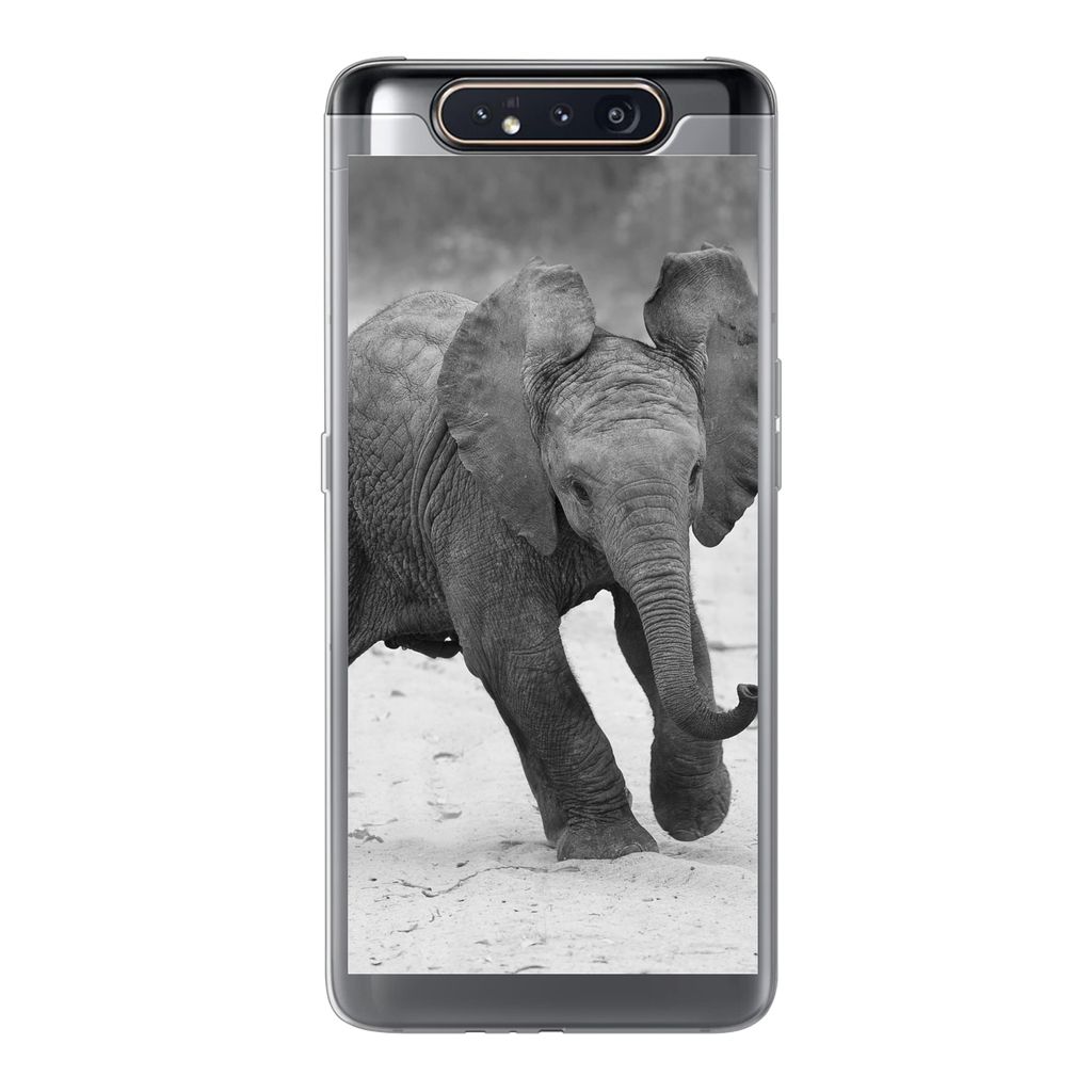 MuchoWow Handyhülle Schutzhülle Hülle für Samsung Galaxy A80 Elefant - Baby - Tiere - Kröte - Schwarz und weiß Silikon Softcase Handy Hüll...