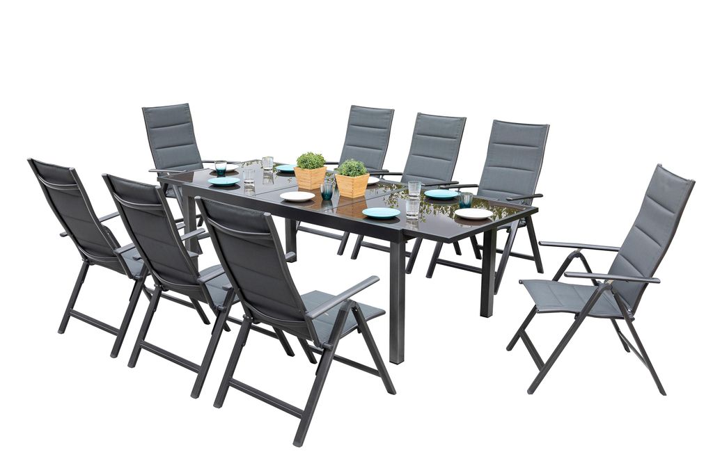 Merxx Gartenmöbel Set Taviano 9tlg., 8 Klappsessel, Ausziehtisch 140 (200) x 90 cm - Aluminium/Textil