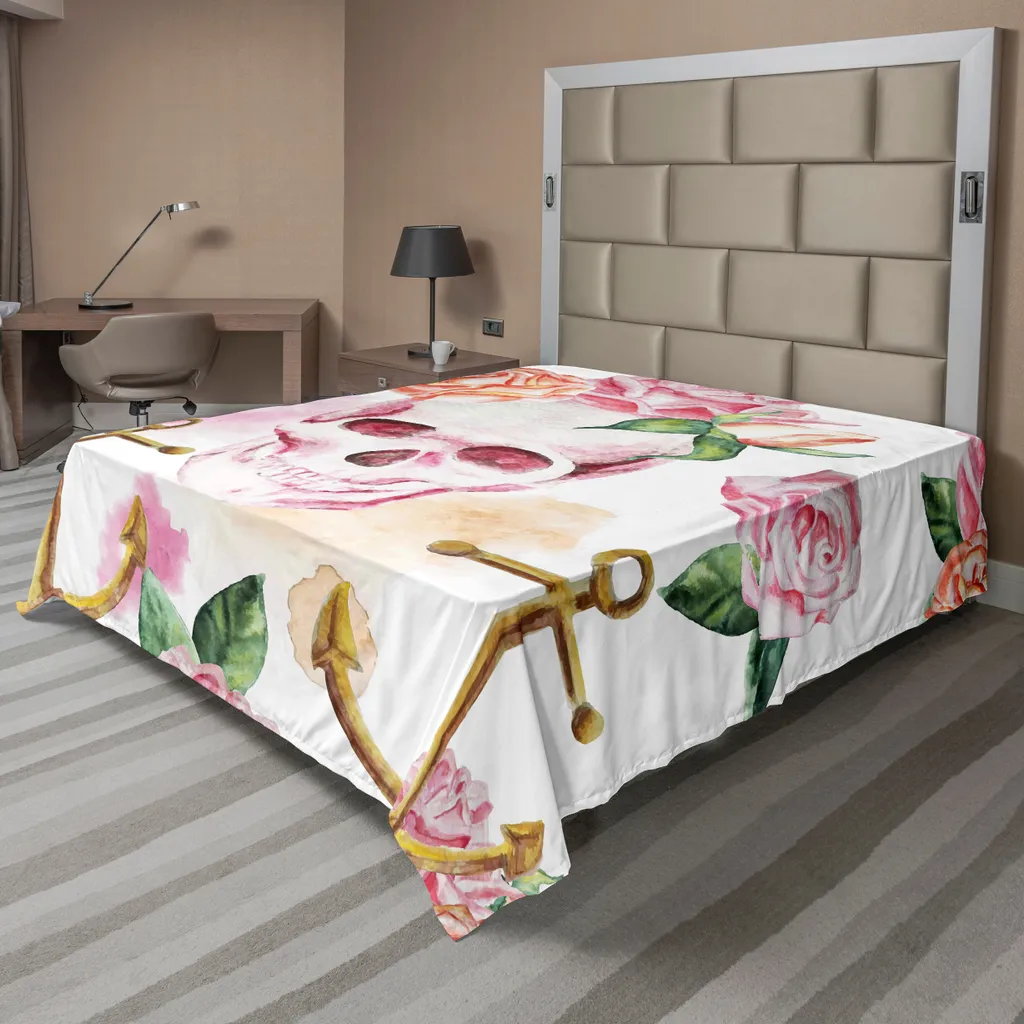 Drap de lit doux imprimé Vintage Ancre et Fleurs - 275 x 260 cm Vert