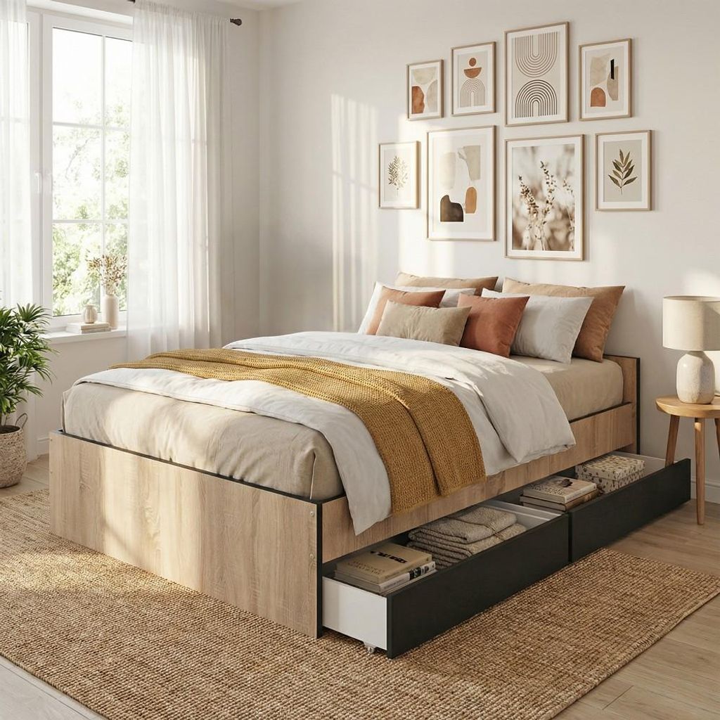 BETT KAPPA mit Schubladen/ Bett 140x190 - Schwarz & Eiche Gebleicht Nachbildung