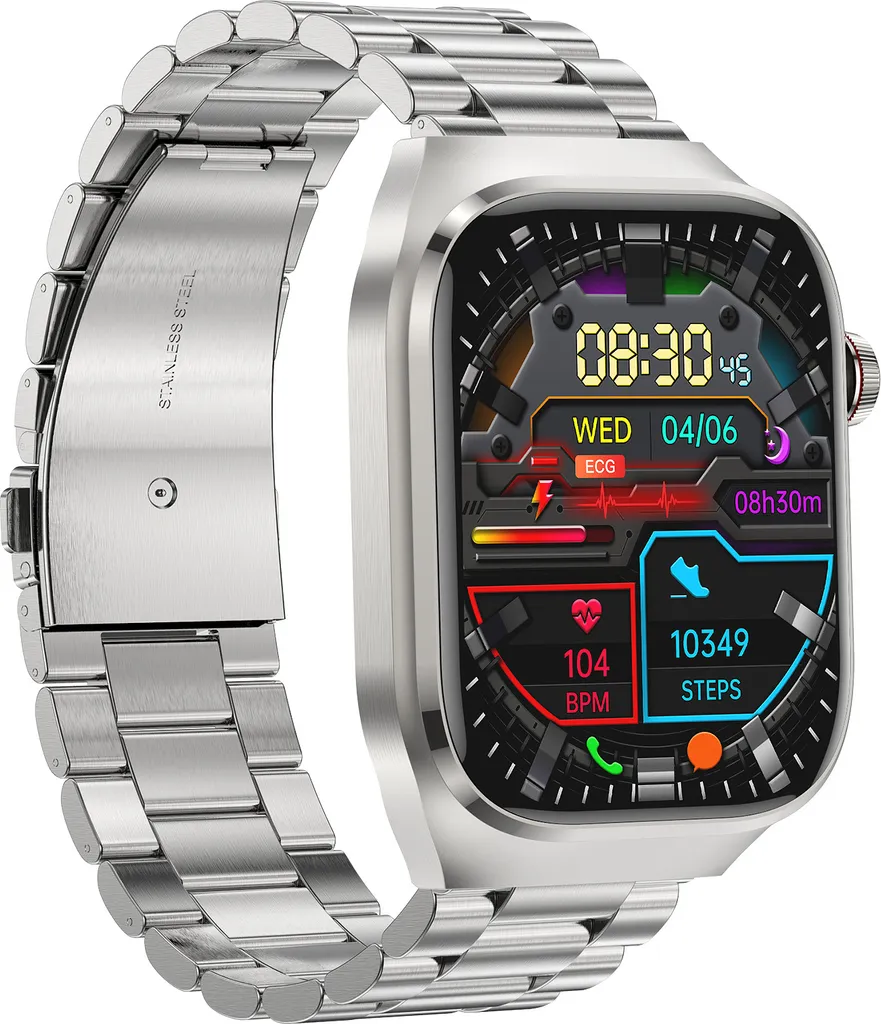 Montre connectée pour sport et santé bracelet métal argent brillant