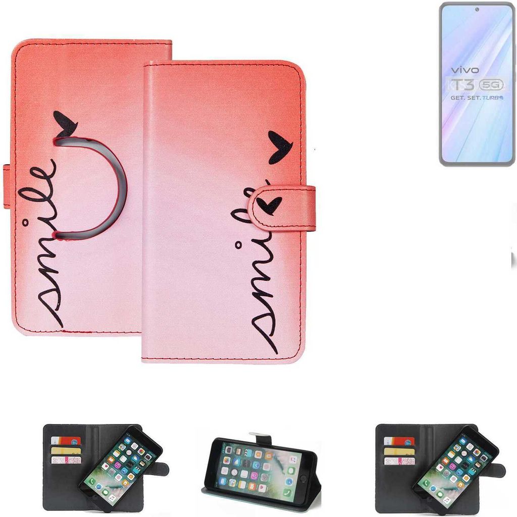 K-S-Trade Schutzhülle Handyhülle kompatibel mit Vivo T3 Hülle cover bookstyle Etui ''smile'' rot Standfunktion Kameraschutz (1Stk)