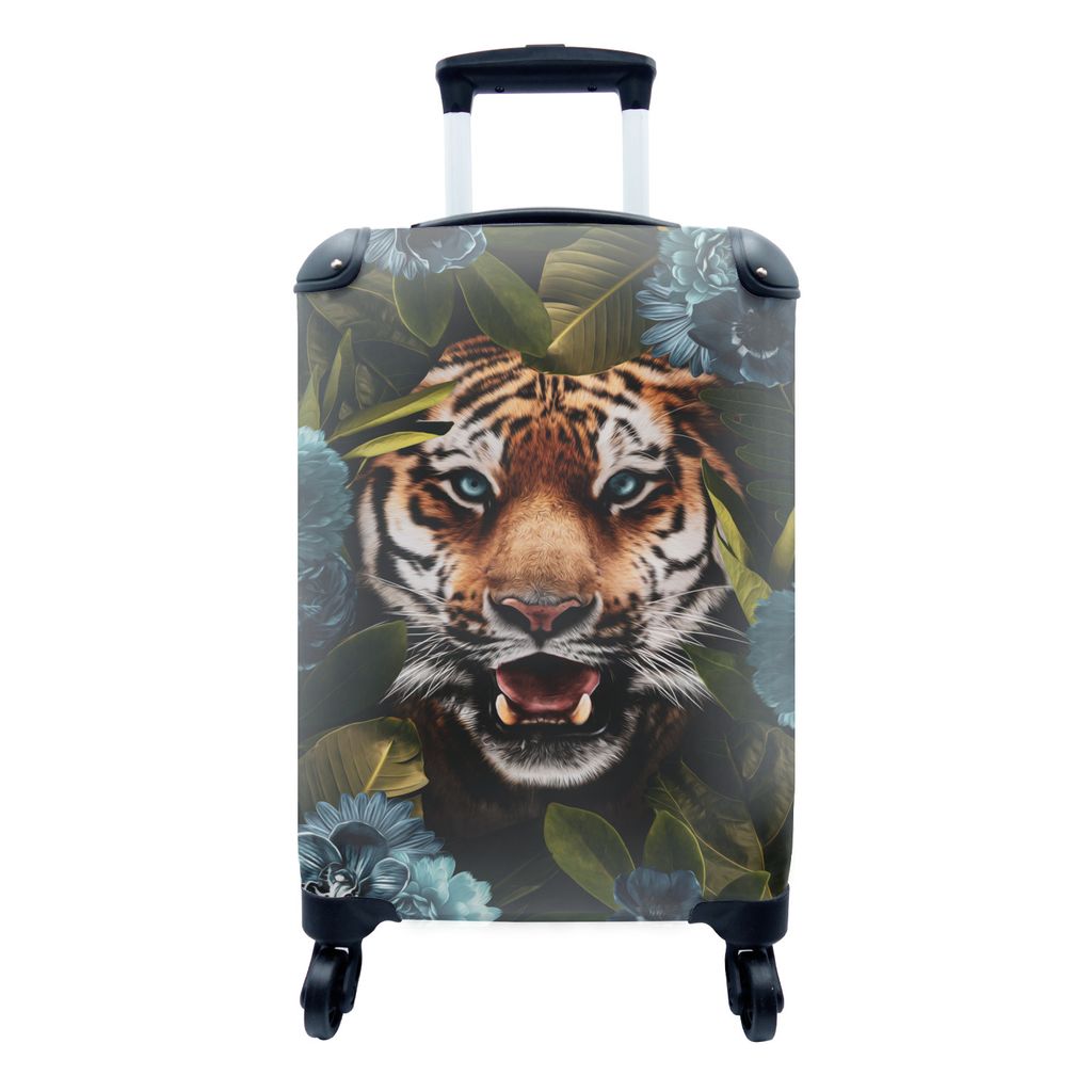 MuchoWow Koffer Handgepäck Trolley Rollkoffer Kleine Reisekoffer mit 4 Rollen - Tiger - Blätter - Blau - Cabin Size < 55x40x23 cm & 55x40x20 cm...