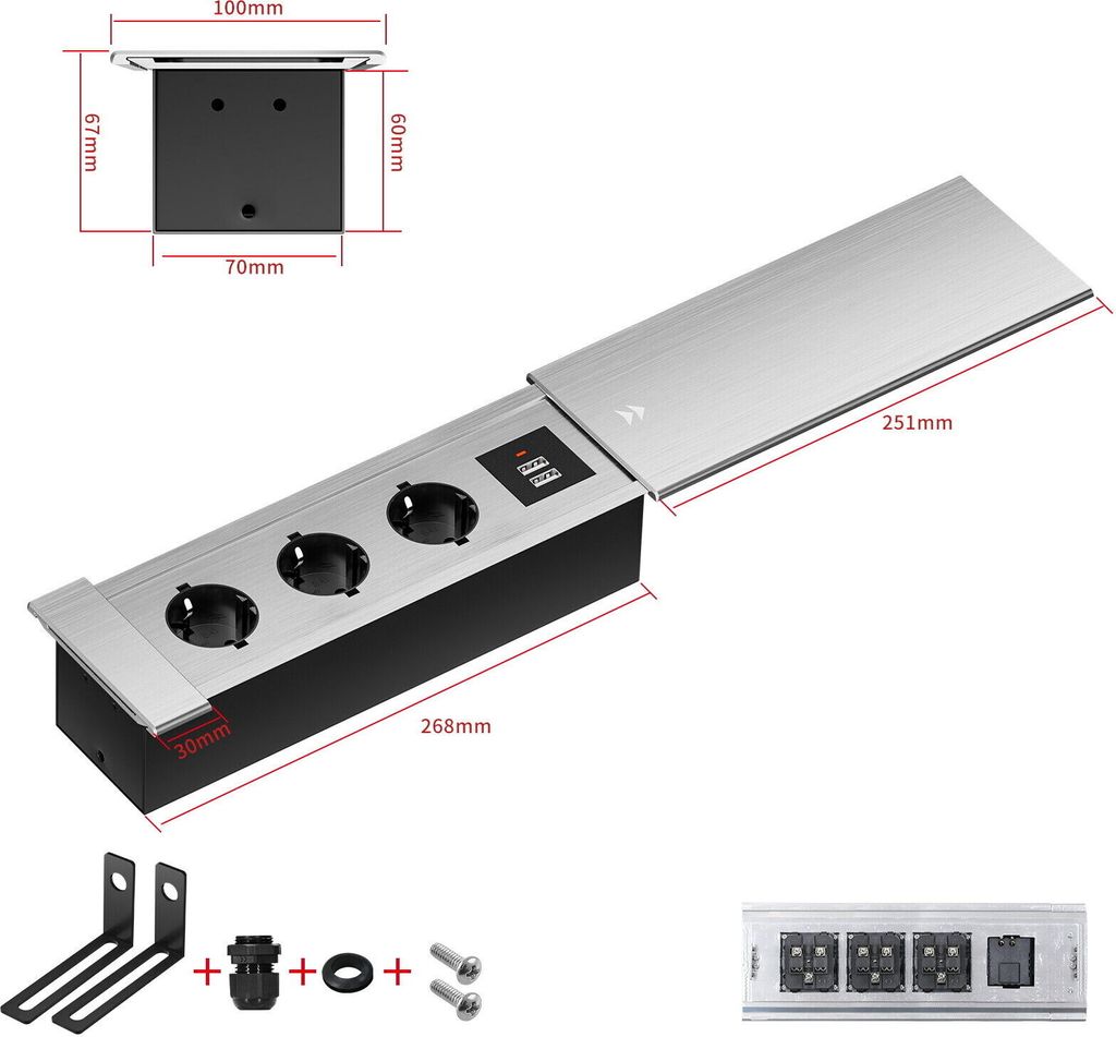 Einbausteckdose Aluminium Tischsteckdose Bodensteckdose Fußboden Steckdose 230V Modell A / 3-Fach + USB / Silber