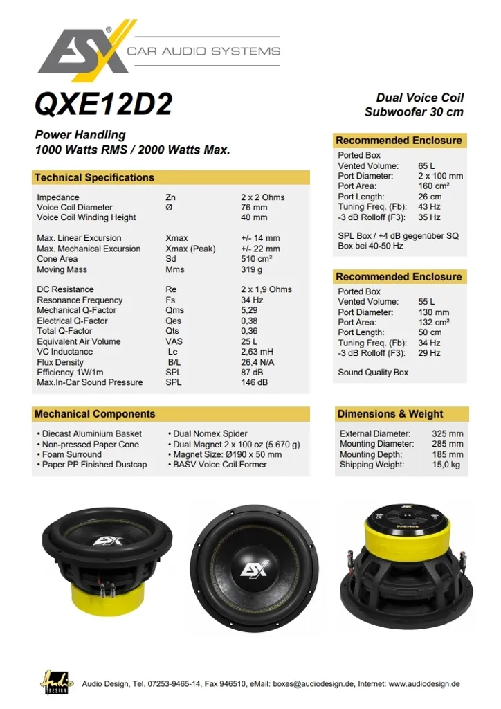 Subwoofer 30 cm ESX QUANTUM QXE12D2 - Double Aimant et 1600W Max Power
