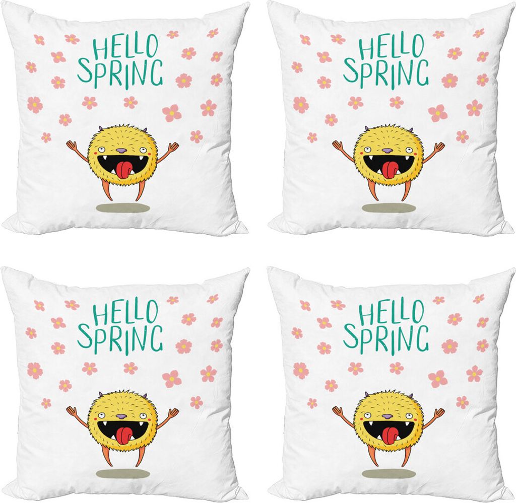 ABAKUHAUS Sprichwort Kissenbezug Set (4 Stück), Hallo Frühling Monster, Moderner Doppelseitiger Digitaldruck, 60 cm x 60 cm, Mehrfarbig