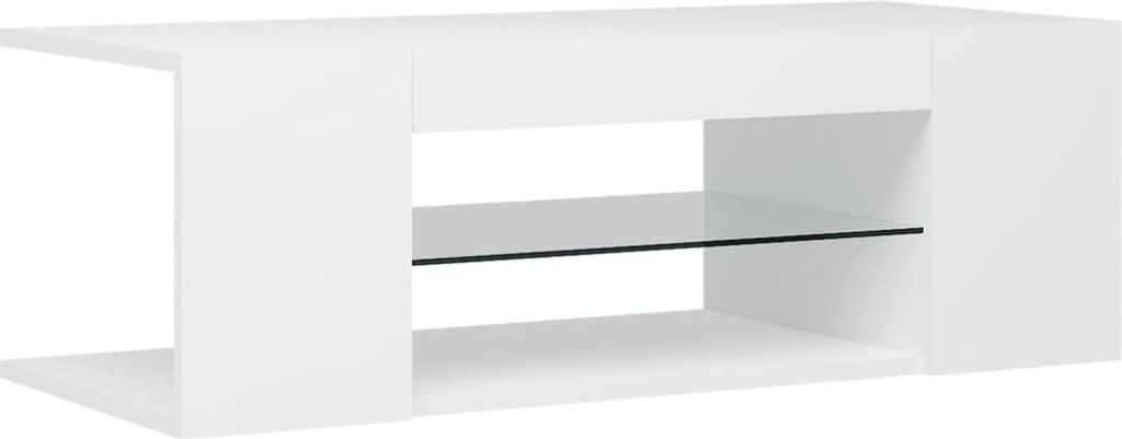A white TV stand with a glass shelf.