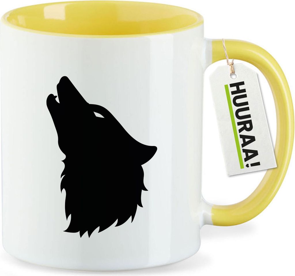 Huuraa Kaffeetasse Wolf Kopf Silhouette 330ml Gelb Keramik Kaffeebecher Geschenkidee