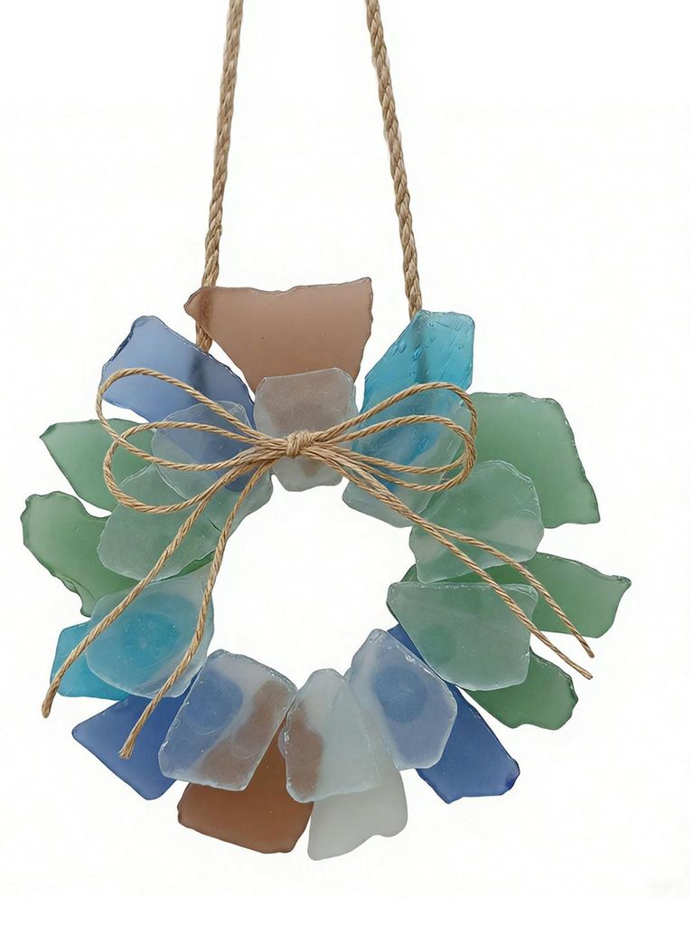 Handgefertigter Strandkranz aus Treibglas im Küstenstil, 15 cm Durchmesser, als Hängedekoration für Tür, Fenster, Küche, Schrank, Stuhl, Wand ...