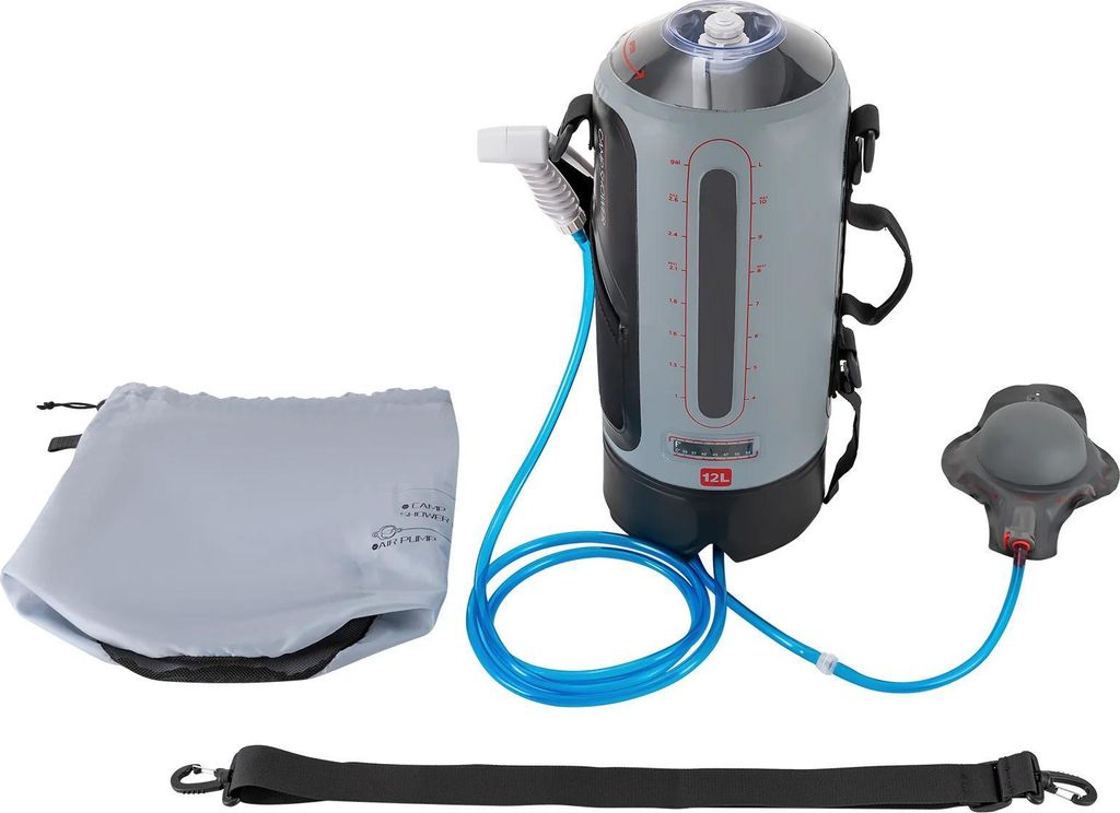 Campingdusche - Solardusche 12 L - Mit Pumpe - Tragbar - Duschkopf - Abnehmbarer Schlauch - Hellgrau