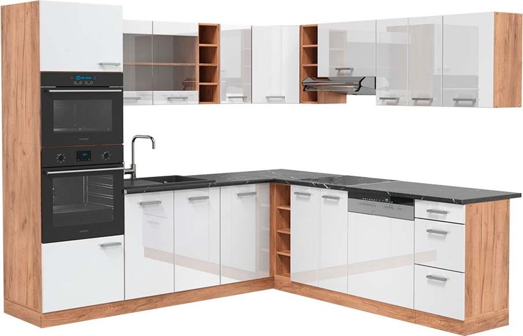 Eckküche Vicco R-Line Weiß Hochglanz/Goldkraft Eiche 247 x 60 cm , AP Anthrazit, Model 43125