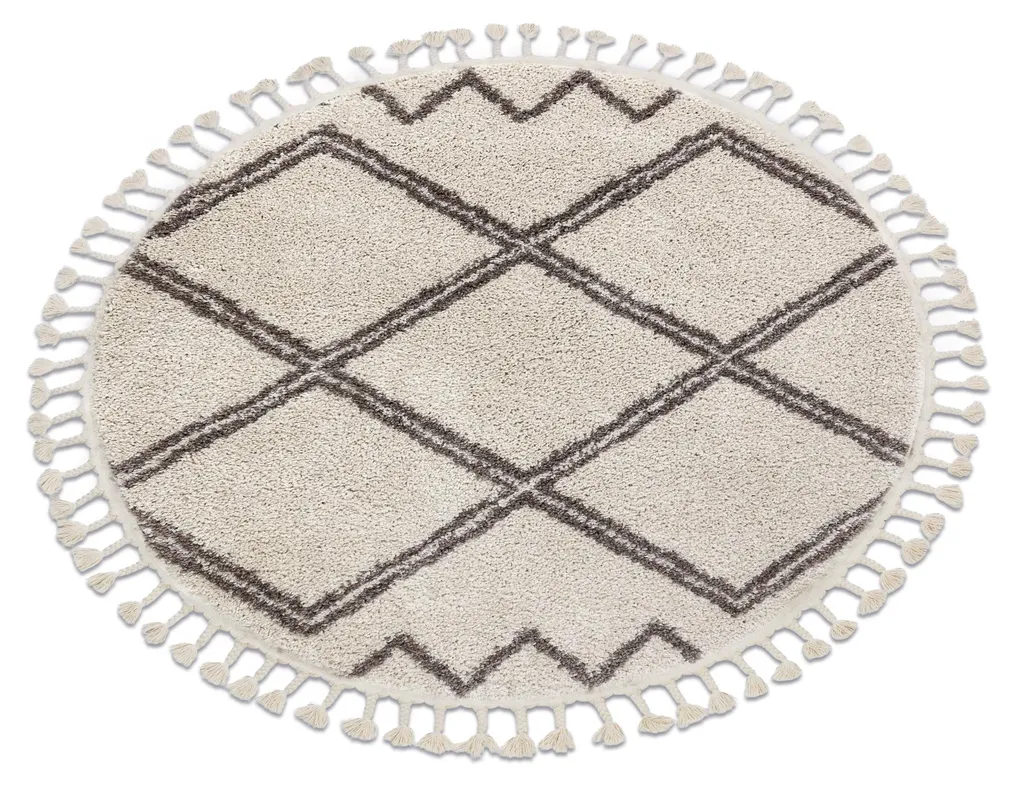 Tapis rond Berbère Asila marron crème 120 cm - Style Shaggy à Pompons