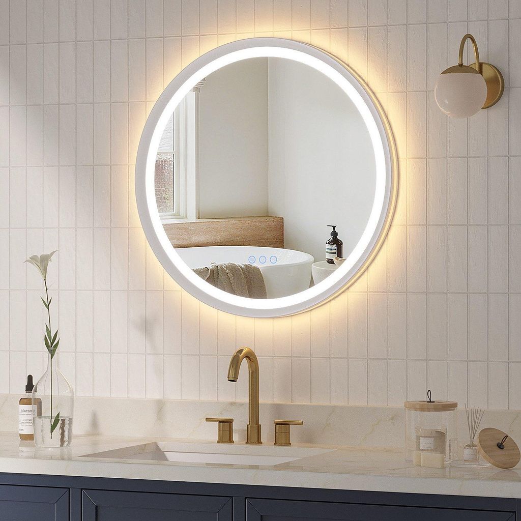 Rund Spiegel Badspiegel mit Beleuchtung 60 cm LED Badzimmerspiegel mit beschlagfrei, Touchschalter, Kaltweiß & Warmweiß, mattweißer Rahmen