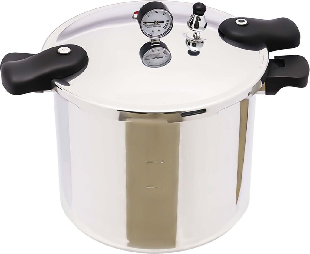 A stainless steel pressure cooker with black handles and a pressure gauge on a white background.