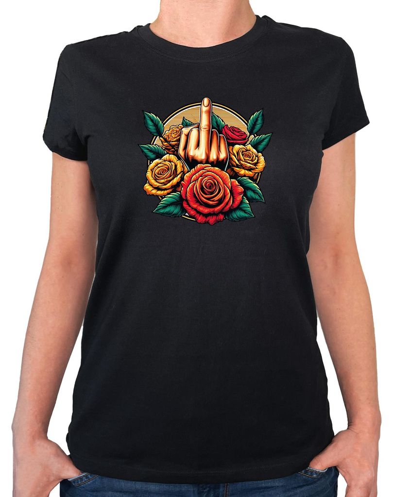 Huuraa Damen T-Shirt Mittelfinger Rosen M Black Bio Baumwolle Fairtrade Damenshirt Geschenkidee