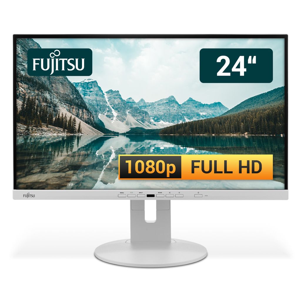 A Fujitsu monitor displaying a scenic landscape image.