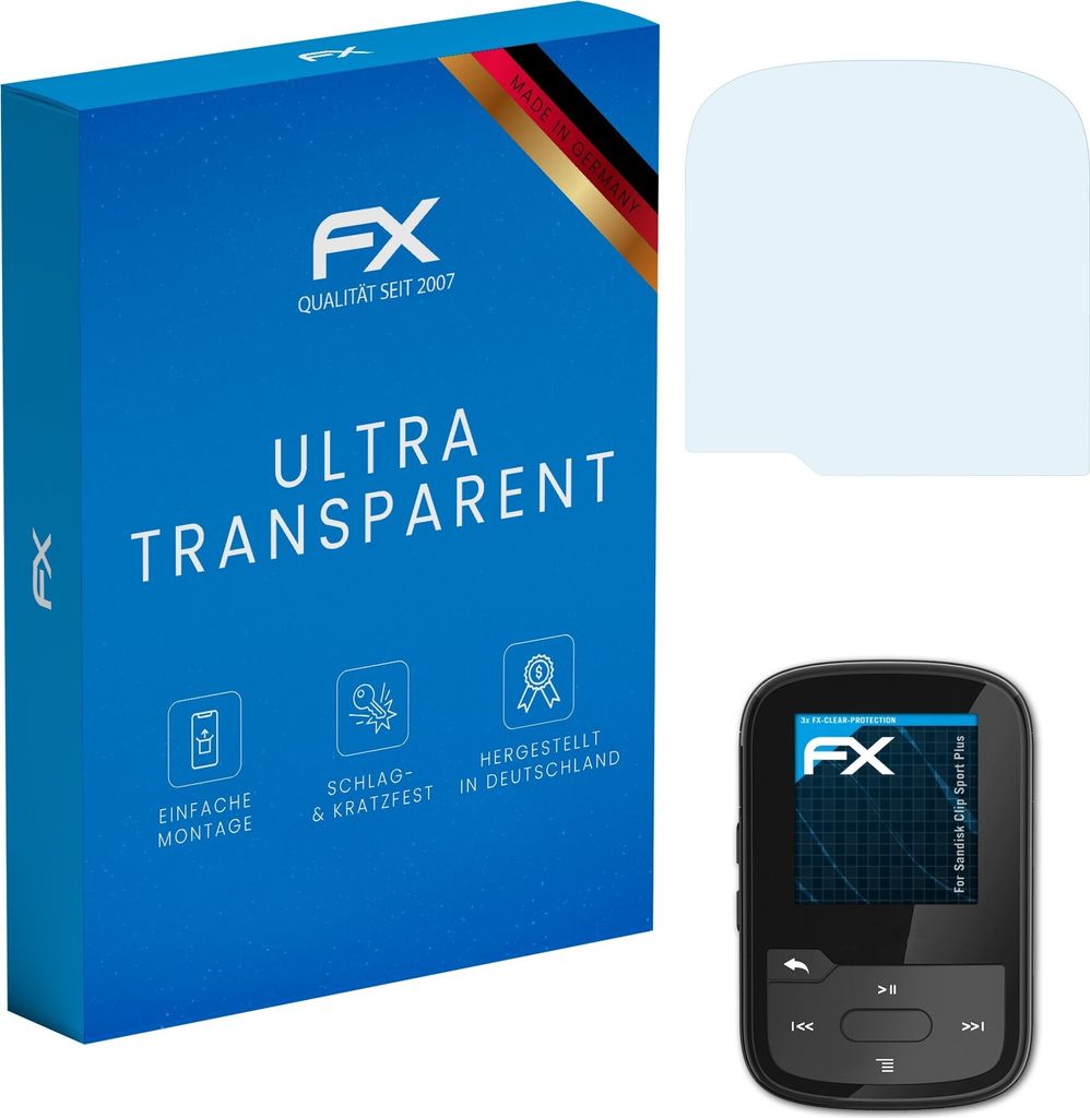 atFoliX FX-Clear 3x Schutzfolie kompatibel mit Sandisk Clip Sport Plus Displayschutzfolie