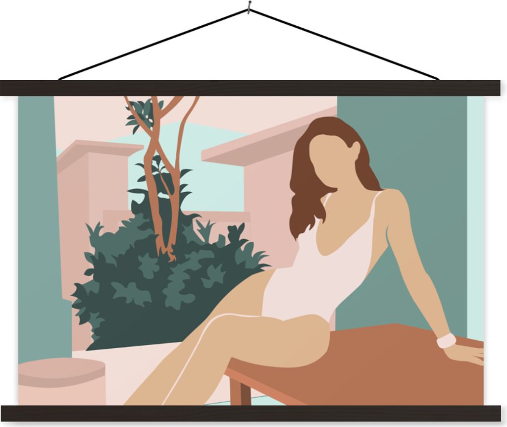 MuchoWow Textilposter Frau - Haus - Sommer 120x80 cm mit schwarzem Rahmen - Wanddeko