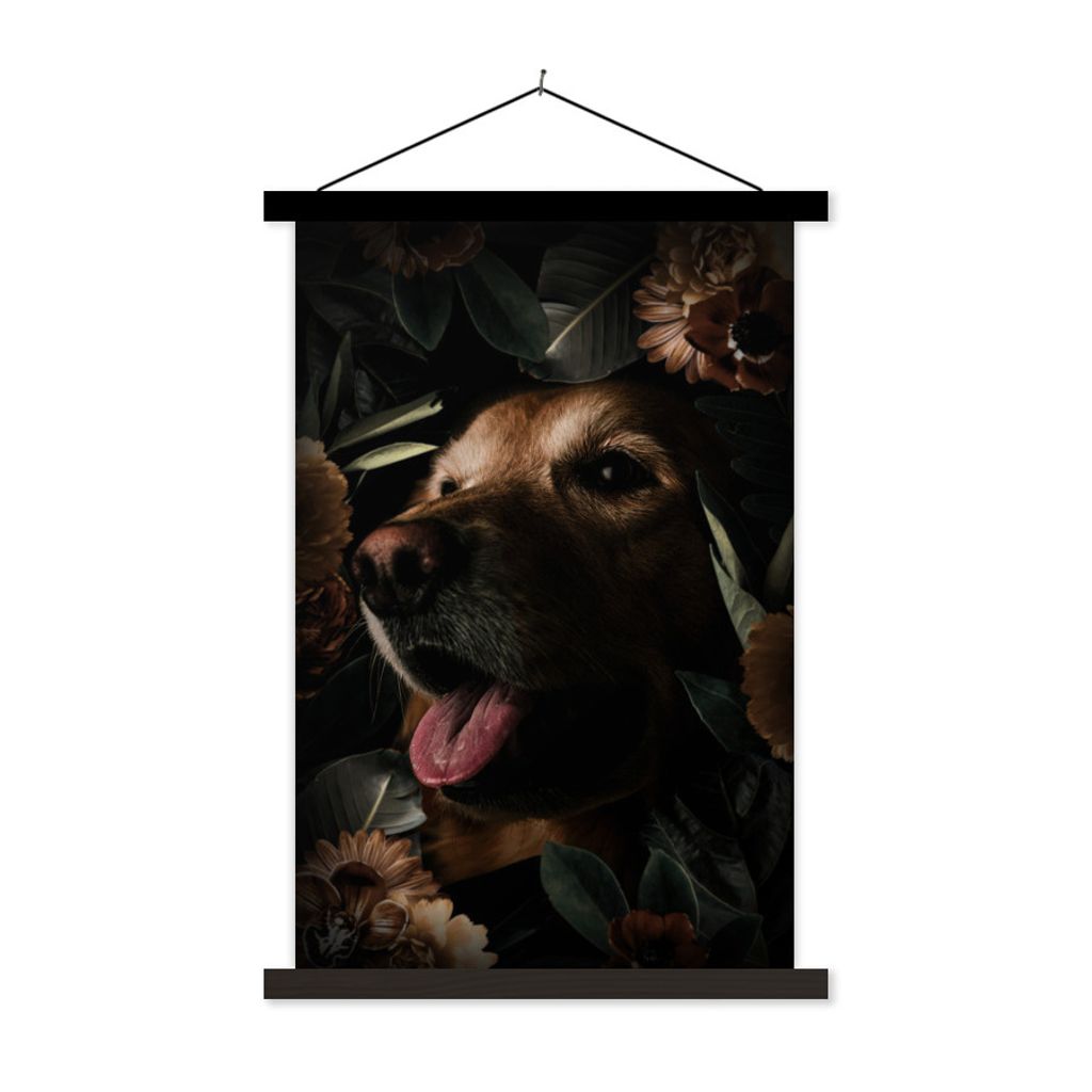 MuchoWow Textilposter Hund - Blumen - Pflanzen 60x90 cm mit schwarzem Rahmen - Poster Wohnzimmer