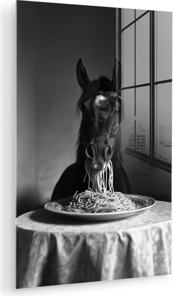 MuchoWow Glasbilder - Bilder auf Wandbild - Foto auf Glas Pferd - Teller - Pasta - Tischtuch - Schwarz und weiß - Tiere 60x90 cm Wanddekoration au...