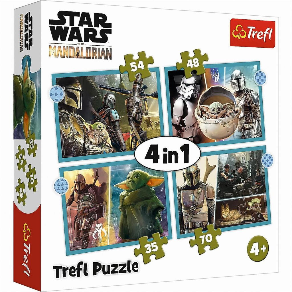 The image shows the front of a Star Wars: The Mandalorian puzzle box. The box displays four different puzzle images, each featuring characters from the show, along with the Star Wars and Trefl logos.