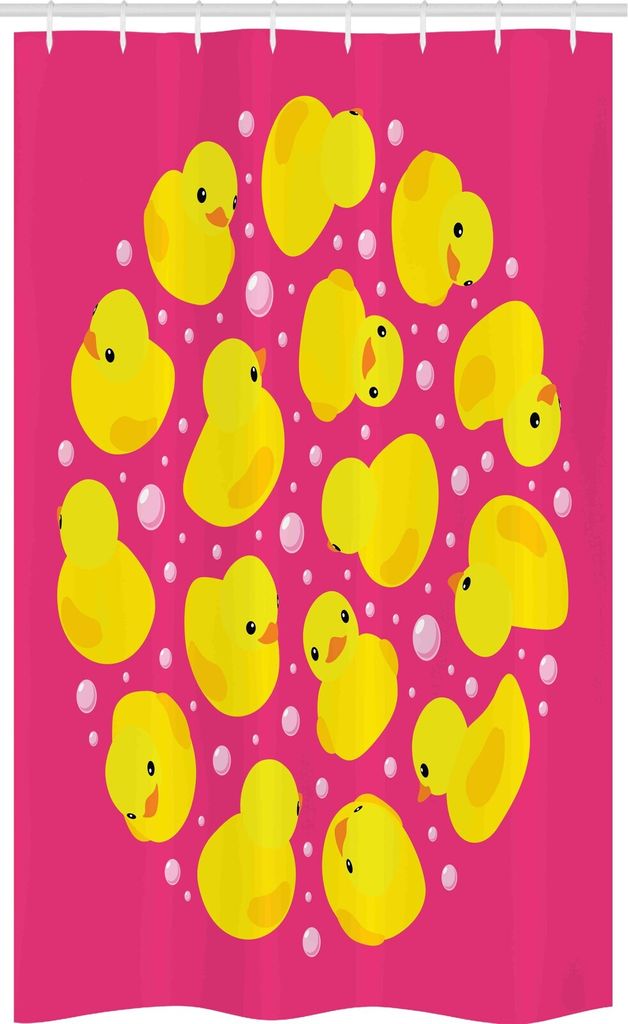 ABAKUHAUS Badeente Schmaler Duschvorhang, Bubbles Hot Pink, Badezimmer Deko Set aus Stoff mit Haken, 120 x 180 cm, Rosa und Gelb