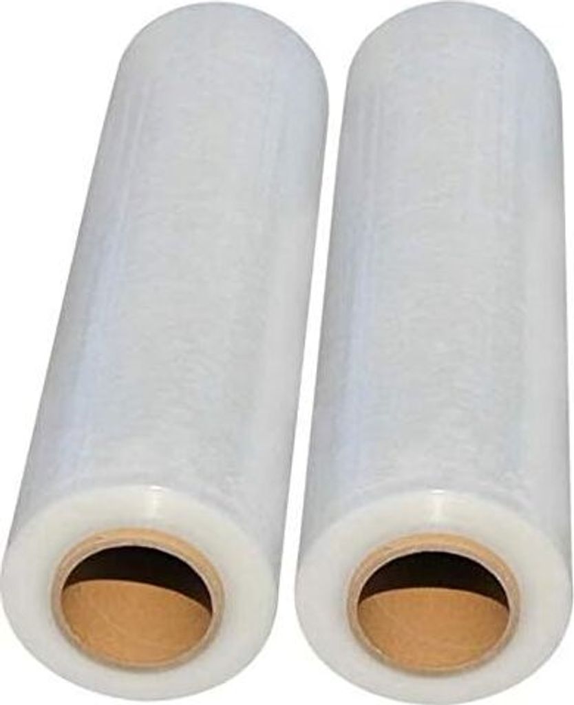 Two rolls of transparent stretch wrap are shown side-by-side against a white background.