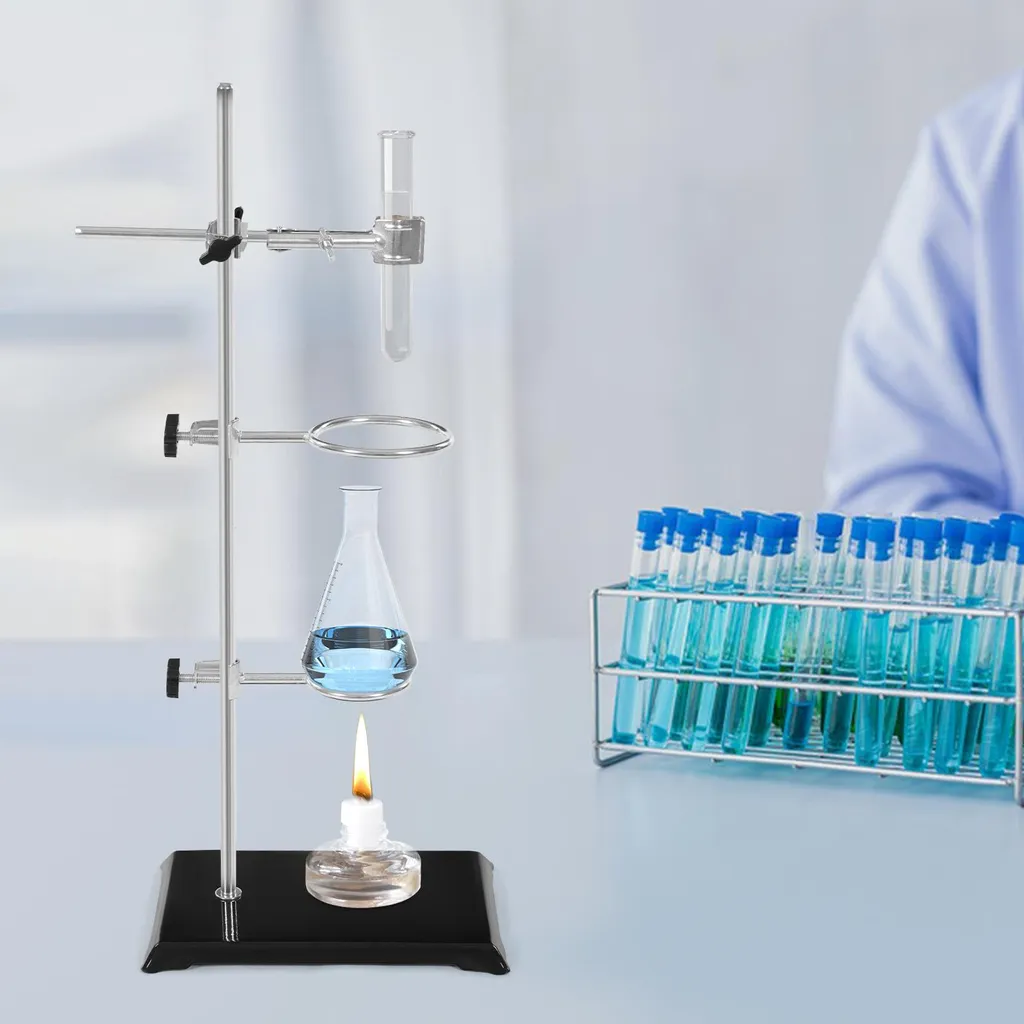Support pour expériences de chimie, hauteur 50 cm avec bagues acier
