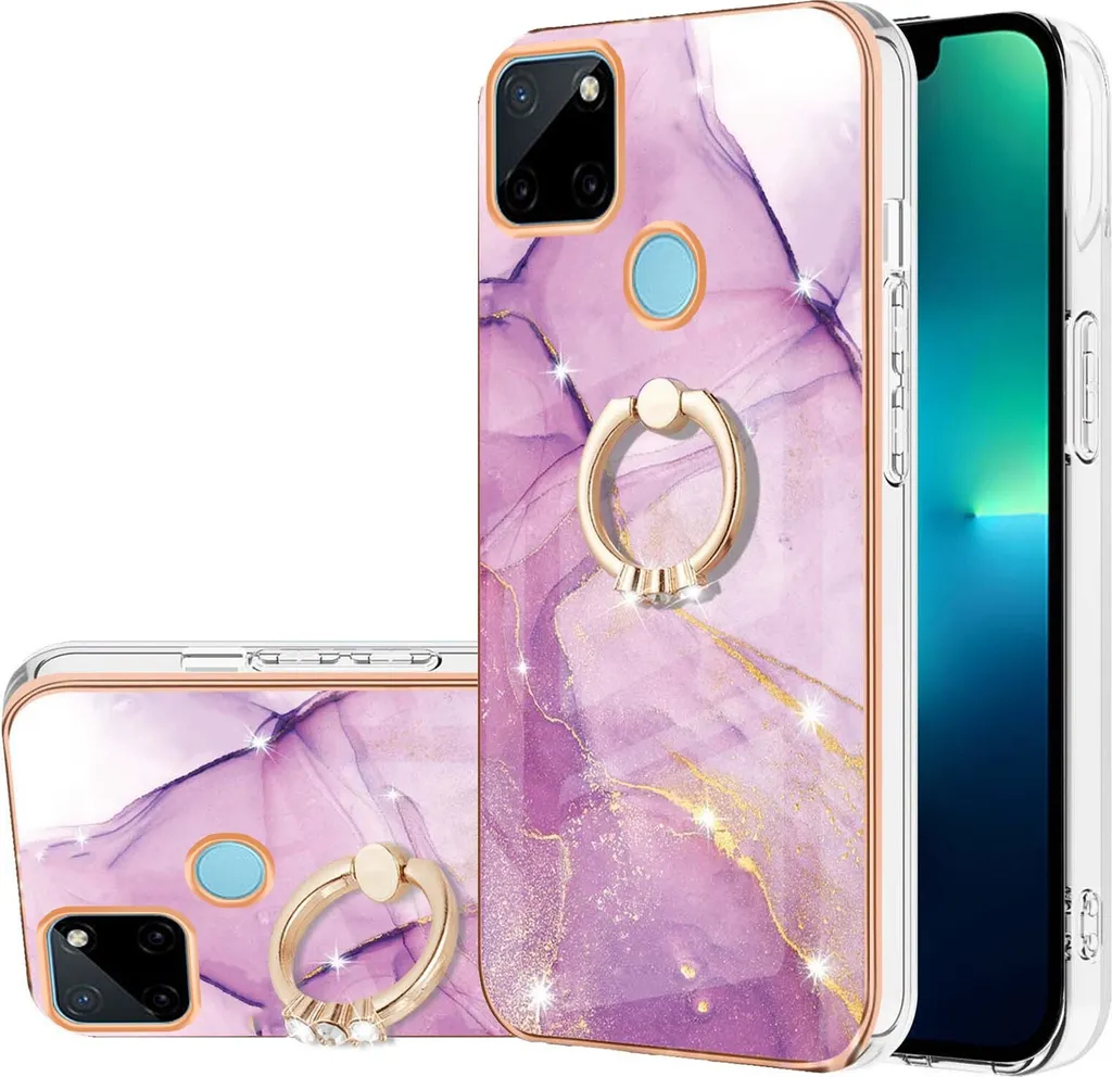 Custodia in marmo per Realme C21Y, custodia protettiva in silicone TPU con supporto ad anello Viola