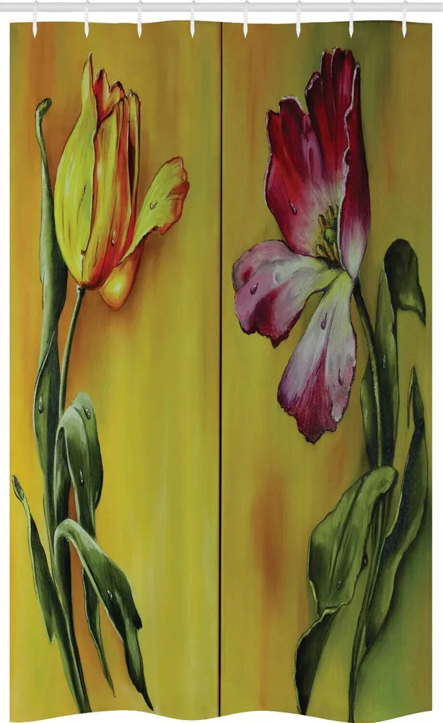 ABAKUHAUS Tenda da doccia romantica stretta, dipinto floreale retrò, set decorativo per bagno in tessuto con ganci, 120 x 180 cm, giallo verde rosa