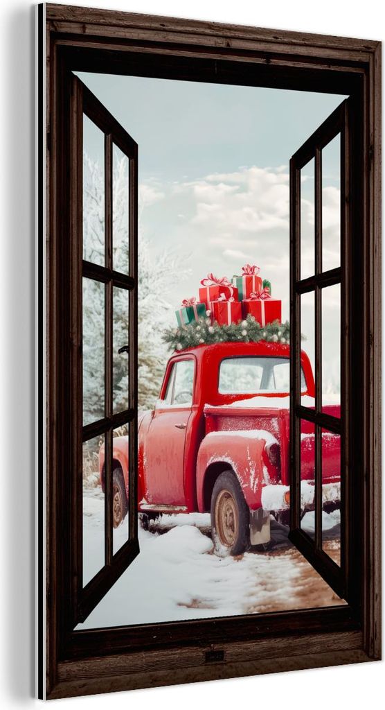 MuchoWow Wanddekoration Metall Metallbild Wandkunst 100x150 cm Durchsichtig - Auto - Rot - Geschenke - Winterlandschaft - Weihnachten MuchoWow Alum...
