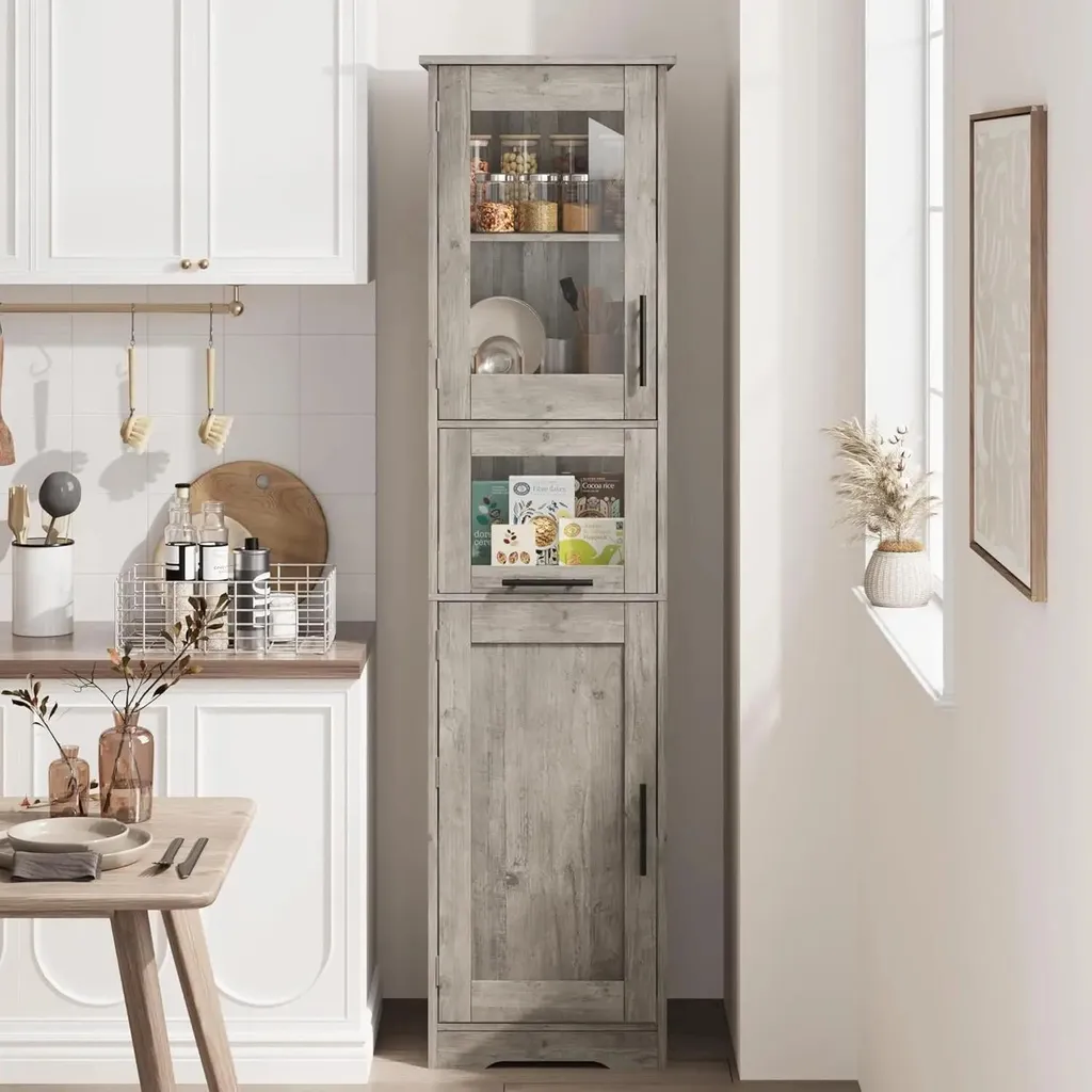 Armoire de rangement grise avec tablettes modulables - Structure en bois