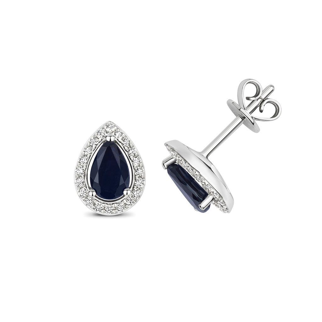 9 Karat (375) Weißgold Damen - Diamant Paar Ohrstecker Brillant-Schliff 0.17 Karat HI - I1 mit Saphir - 10mm*7mm; TRS3242