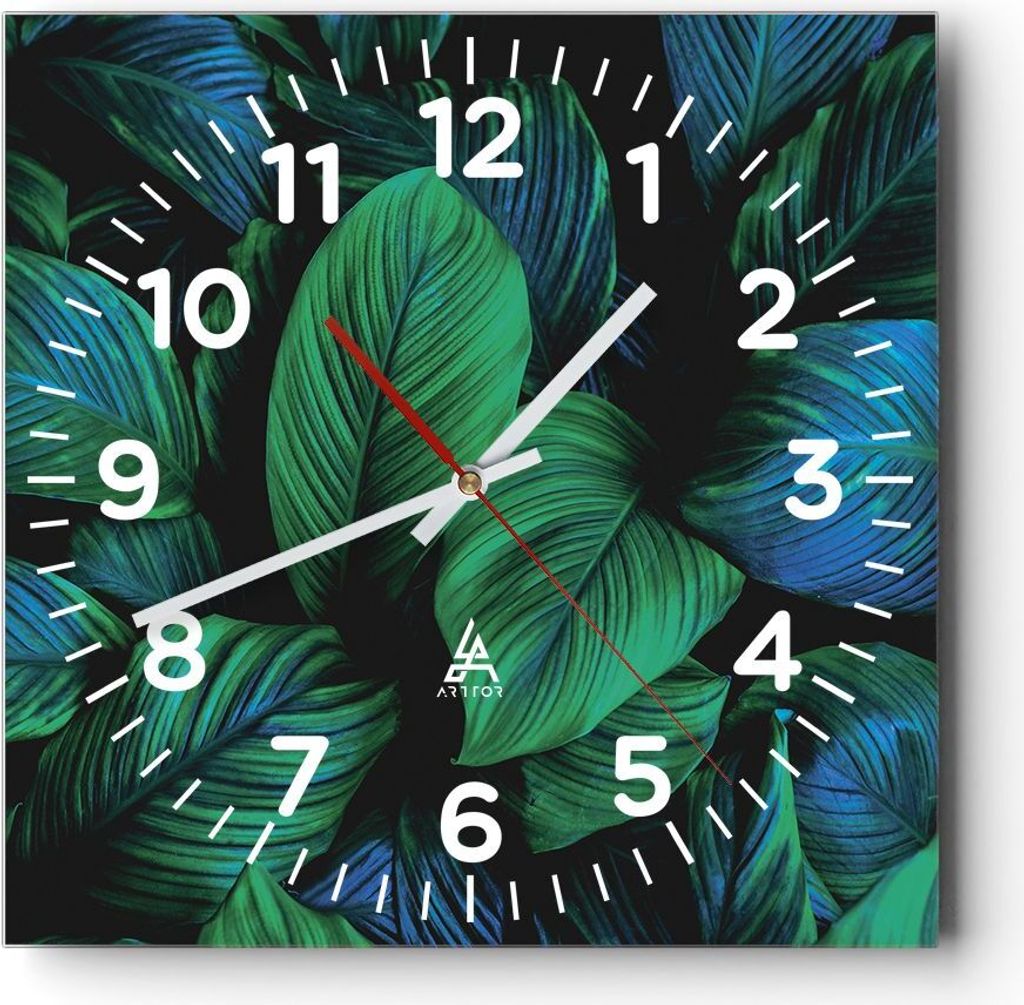 Wanduhr - Quadrat - Glasuhr - Blätter Pflanzen Exotik - Produktbild 