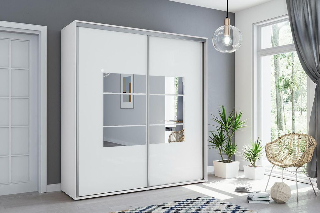 A2 Schlafzimmerschrank mit Zwei Schiebetüren, Spiegel, Kleiderstange und Regalen - für Garderobe, Schlafzimmer - Weiß- 100 x 62 x 245 cm